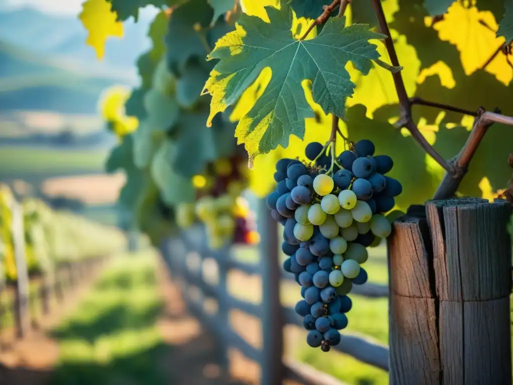 Vieja vid en viñedo italiano, tronco nudoso y hojas verdes bajo el sol