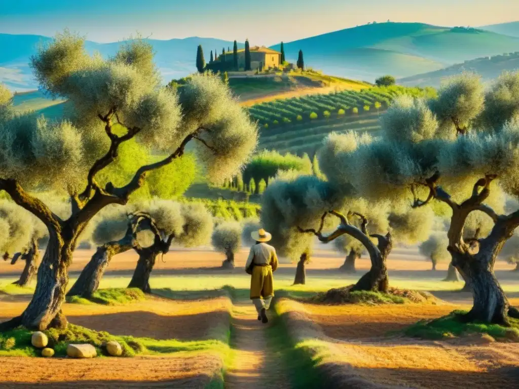 Un viejo agricultor italiano cosechando aceitunas en un olivar dorado al atardecer en Toscana