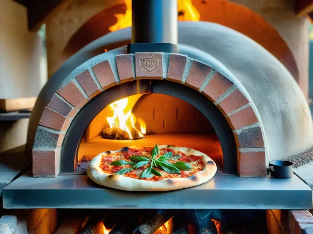 Viejo horno de pizza de leña con llamas rugientes y restos carbonizados de pizzas anteriores