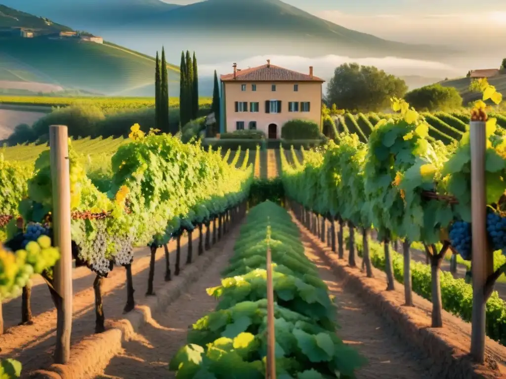 Una villa histórica en un viñedo italiano exclusivo al atardecer, rodeada de viñedos y flores vibrantes