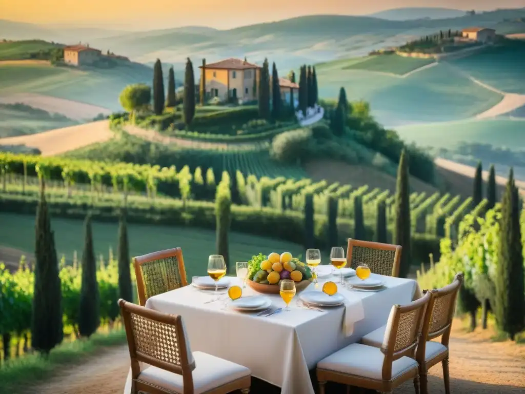 Villa de lujo rodeada de viñedos y cipreses en Toscana, con huéspedes disfrutando de hospitalidad italiana en campo al atardecer