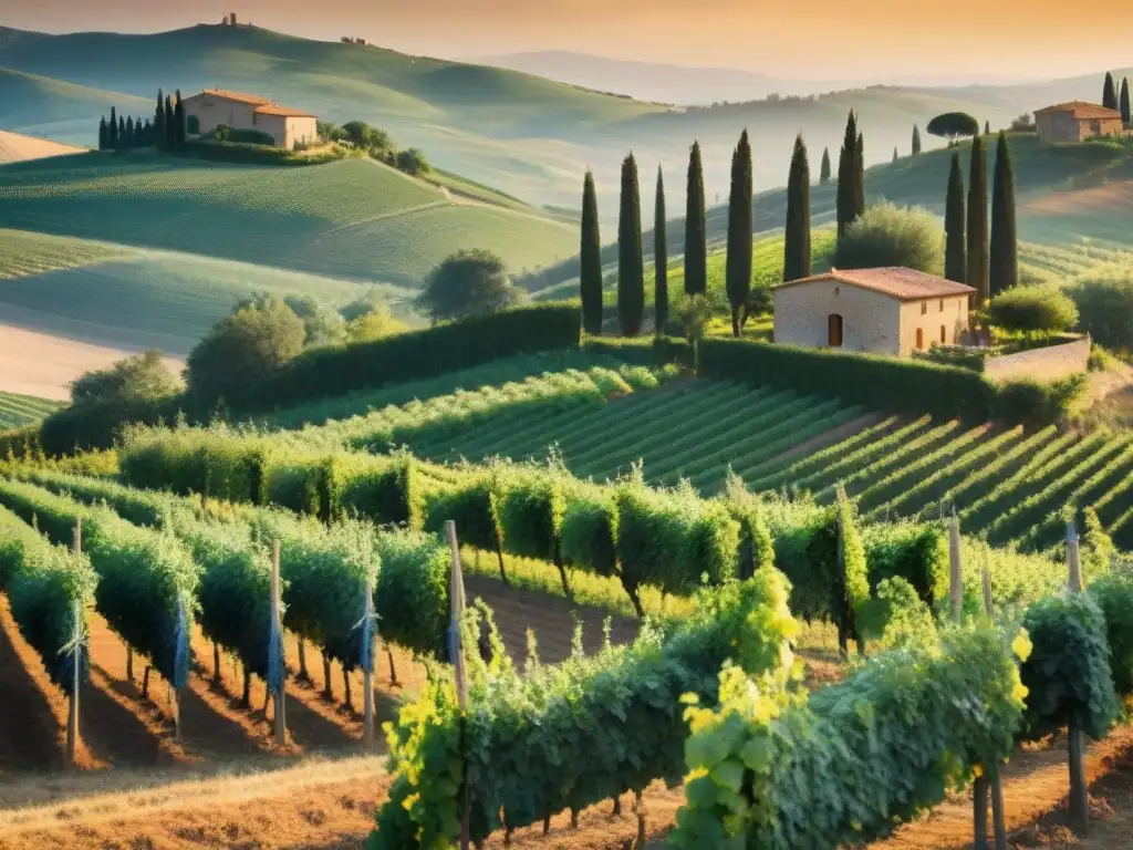 Un viñador trabaja en un viñedo en Toscana, Italia, con un fondo de colinas doradas y una granja rústica