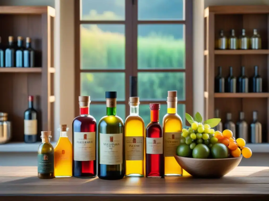 Vinagres de frutas italianos gourmet en botellas coloridas sobre mesa rústica con luz solar