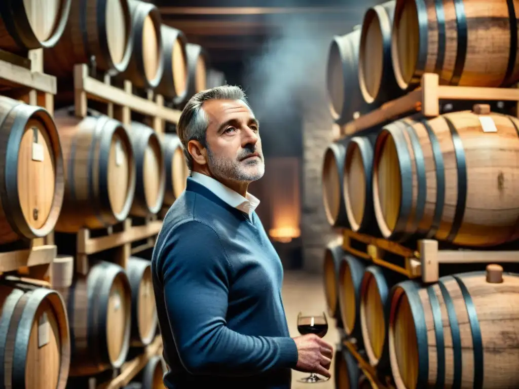 Vinatero italiano inspecciona barricas de vino en bodega rústica, destacando la certificación de vinos italianos