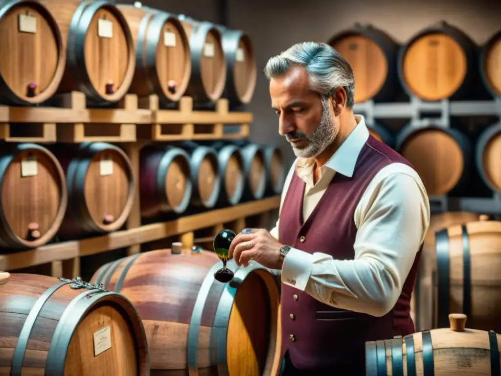 Un vinatero italiano inspecciona barricas de vino, destacando la influencia de las técnicas de conservación en el vino italiano