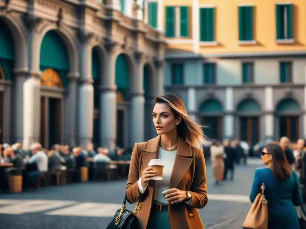 Vínculo entre espresso y moda: Imagen documental de las bulliciosas calles de Milán durante la Semana de la Moda, donde se fusionan la moda italiana y la cultura del espresso en elegantes cafés al aire libre