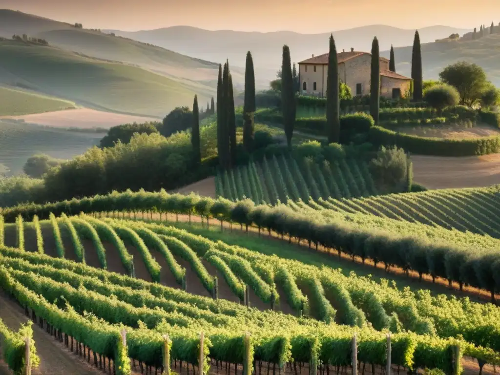 Viñedo ancestral en la Toscana, Italia, con filas de viñedos bajo el sol poniente, evocando la historia vinícola de Italia