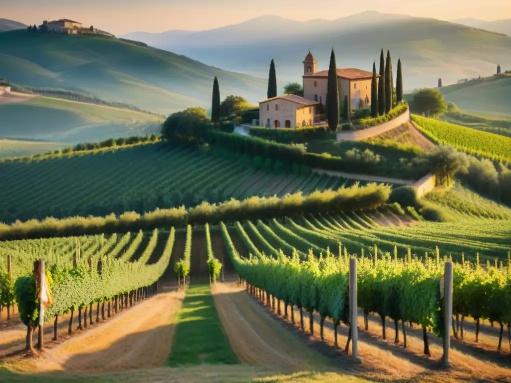Viñedo ancestral al amanecer: belleza dorada en Toscana Un viñedo antiguo en la Toscana al amanecer, con viñedos dorados y un enólogo reflexivo