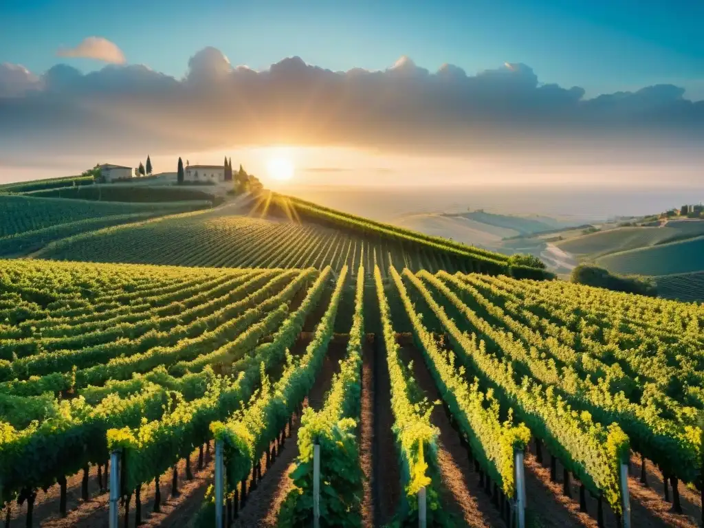 Viñedo en Marche al atardecer, con filas de viñedos y colores vibrantes del cielo reflejados en la vegetación exuberante