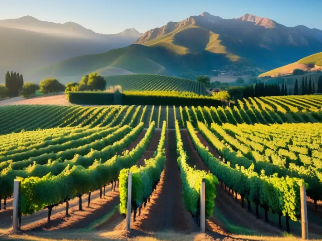 Viñedo al atardecer con viñedos de Vermentino bañados en luz dorada y montañas al fondo