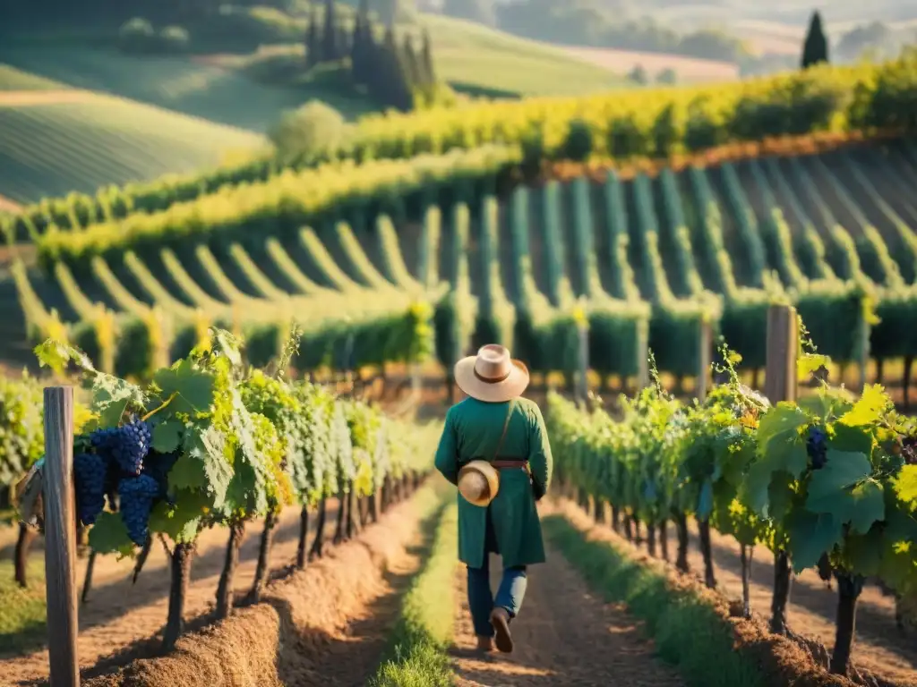 Viñedo bañado por el sol en la Toscana, Italia, con viñedos verdes y granjas rústicas al fondo