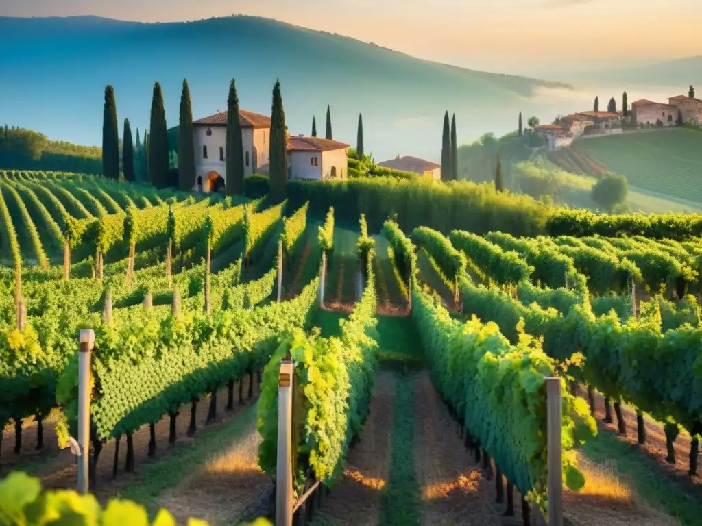 Un viñedo bañado por el sol en Verona, Italia, con uvas maduras y la ciudad al fondo