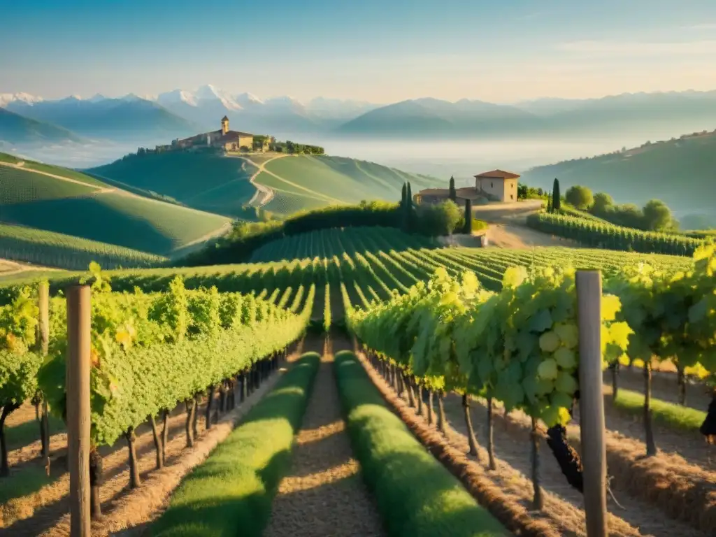 Viñedo bañado por el sol en Piemonte, Italia, con vides de Grignolino