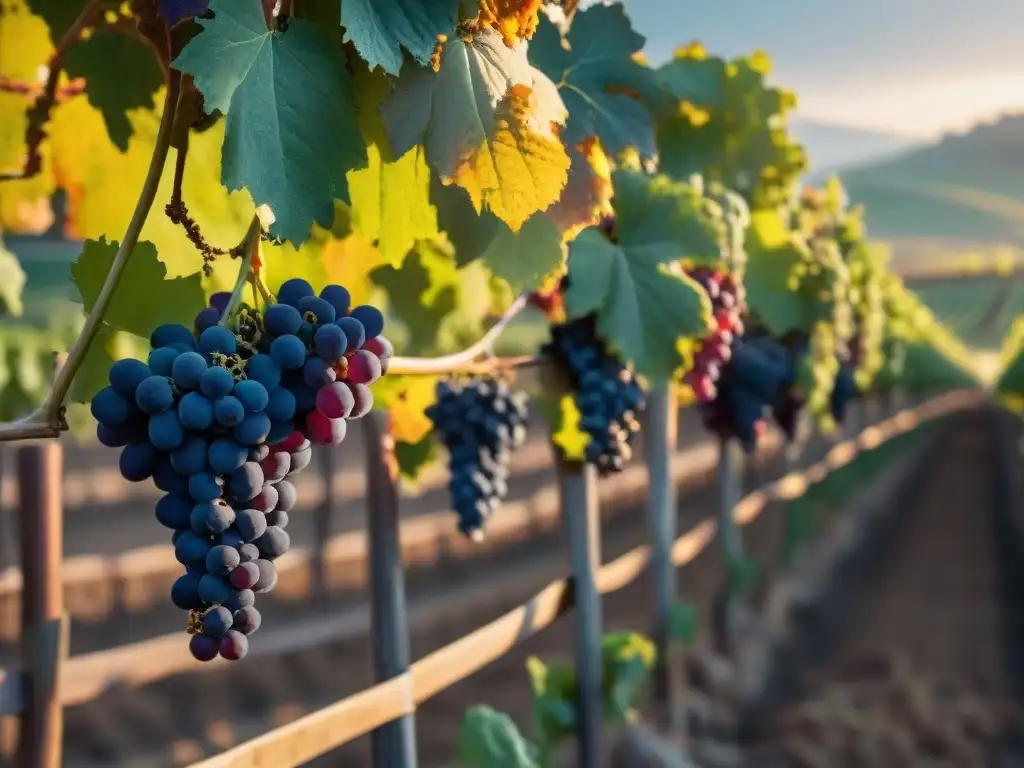 Viñedo italiano al atardecer: abundancia y serenidad Viñedo en la campiña italiana al atardecer, uvas moradas en abundancia bajo la luz dorada