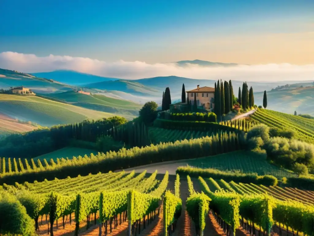 Un viñedo en la campiña toscana, con hileras de viñedos bajo el cielo azul