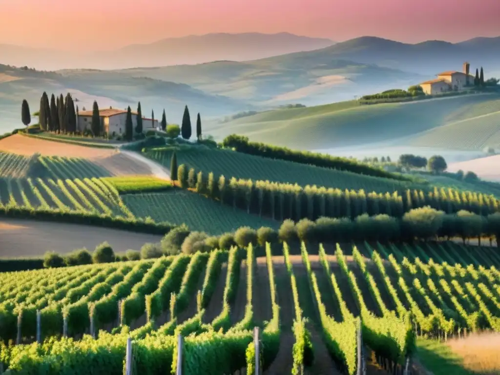 Un viñedo dorado al atardecer en la Toscana, Italia