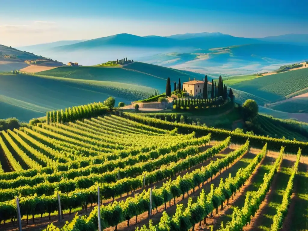 Viñedo dorado al atardecer en la Toscana, Italia, con filas de uvas verdes