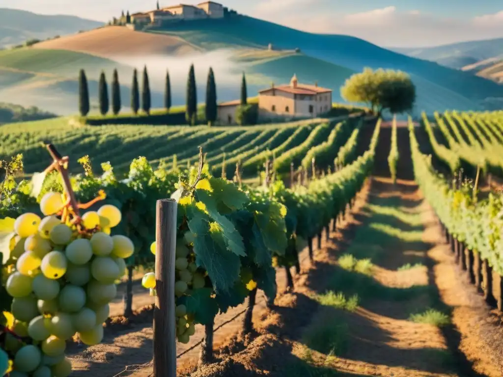 Un viñedo dorado en la Toscana, Italia, iluminado por el sol