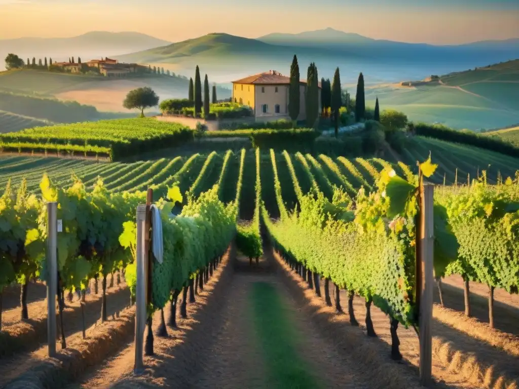 Un viñedo exquisito en la Toscana al atardecer, con filas de uvas y agricultores cosechando