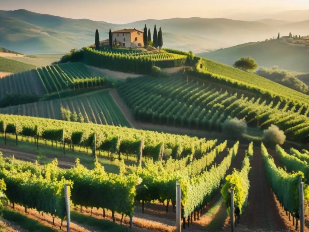 Viñedo exuberante al atardecer en La Toscana, Italia