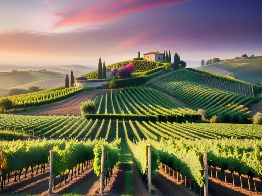 Un viñedo exuberante al atardecer, con uvas moradas resplandecientes bajo un cielo colorido