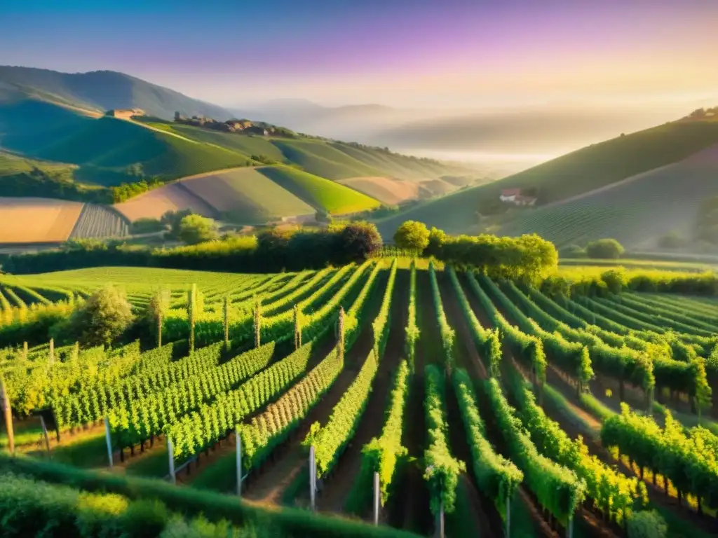 Un viñedo exuberante en pleno atardecer, con agricultores cuidando las vides