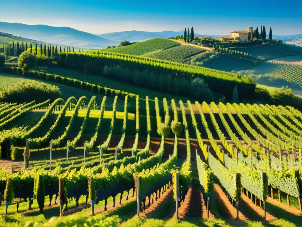 Un viñedo exuberante en la Toscana, Italia, con hileras de vides verdes bajo cielo azul