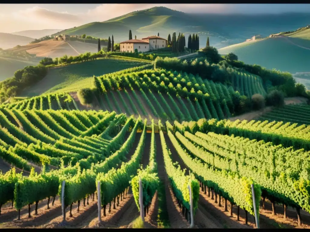 Viñedo exuberante en la Toscana, Italia, con vides verdes bajo el sol dorado