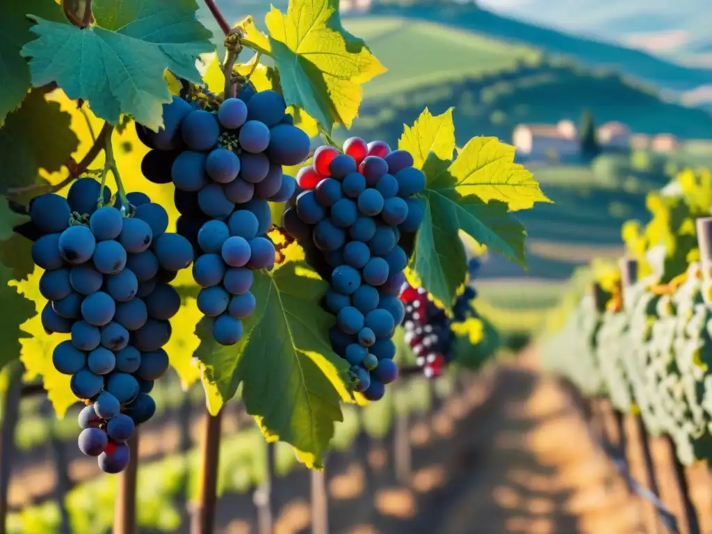 Un viñedo exuberante en la Toscana, Italia, con vides de Sangiovese bañadas en luz dorada