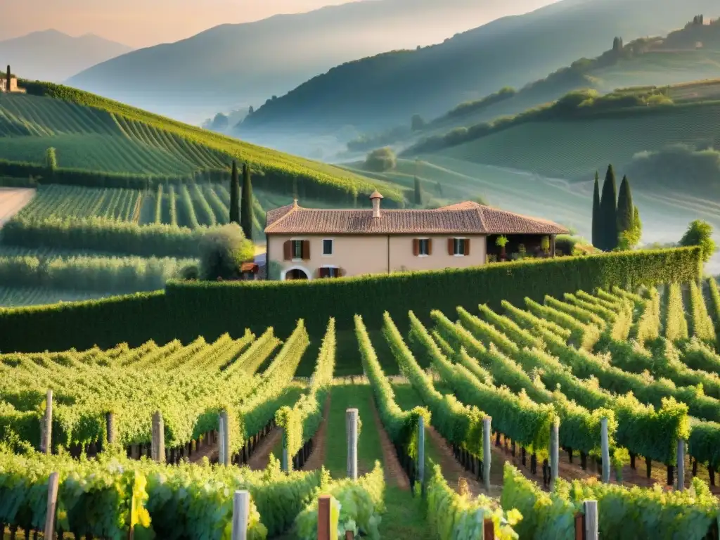 Un viñedo familiar en Italia al atardecer, con terrazas y viñedos bajo la cálido sol