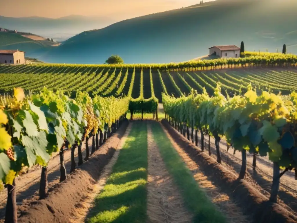 Viñedo familiar italiano al atardecer, con filas de vides cuidadas bajo el sol dorado