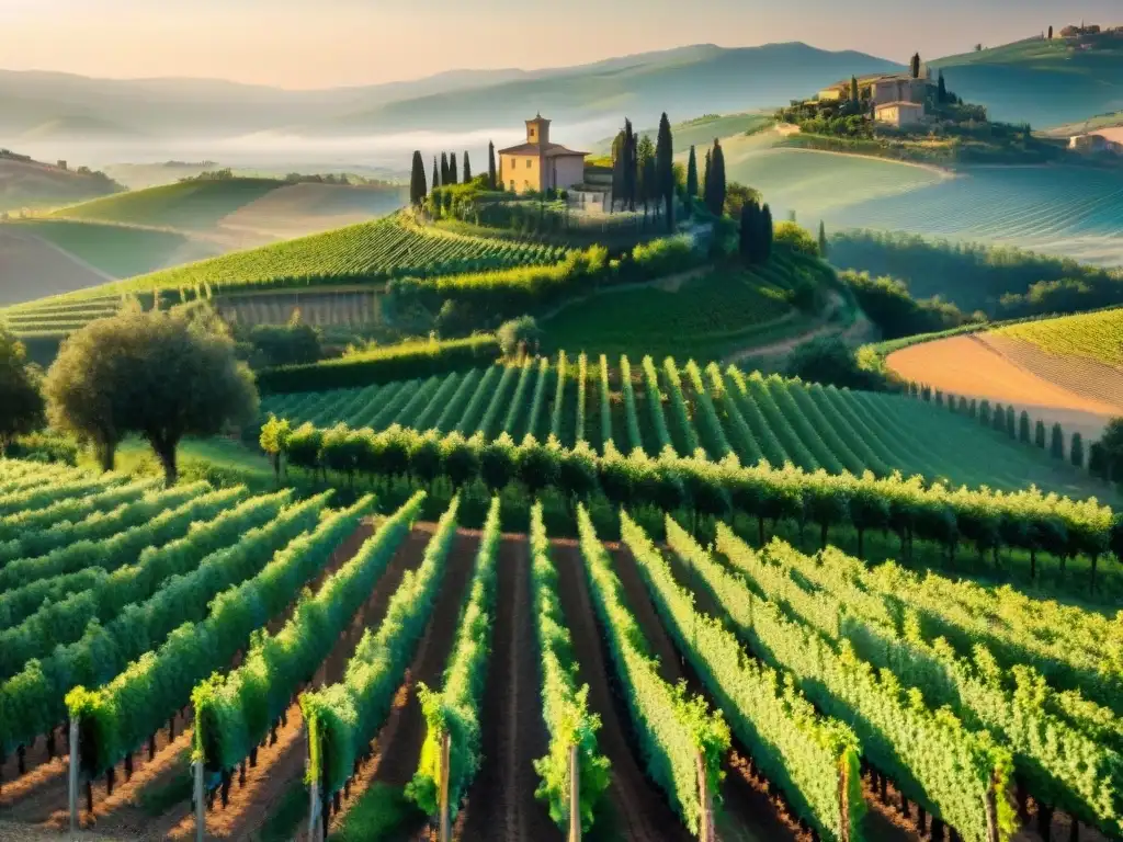 Un viñedo familiar italiano al amanecer, con trabajadores cosechando uvas con cuidado