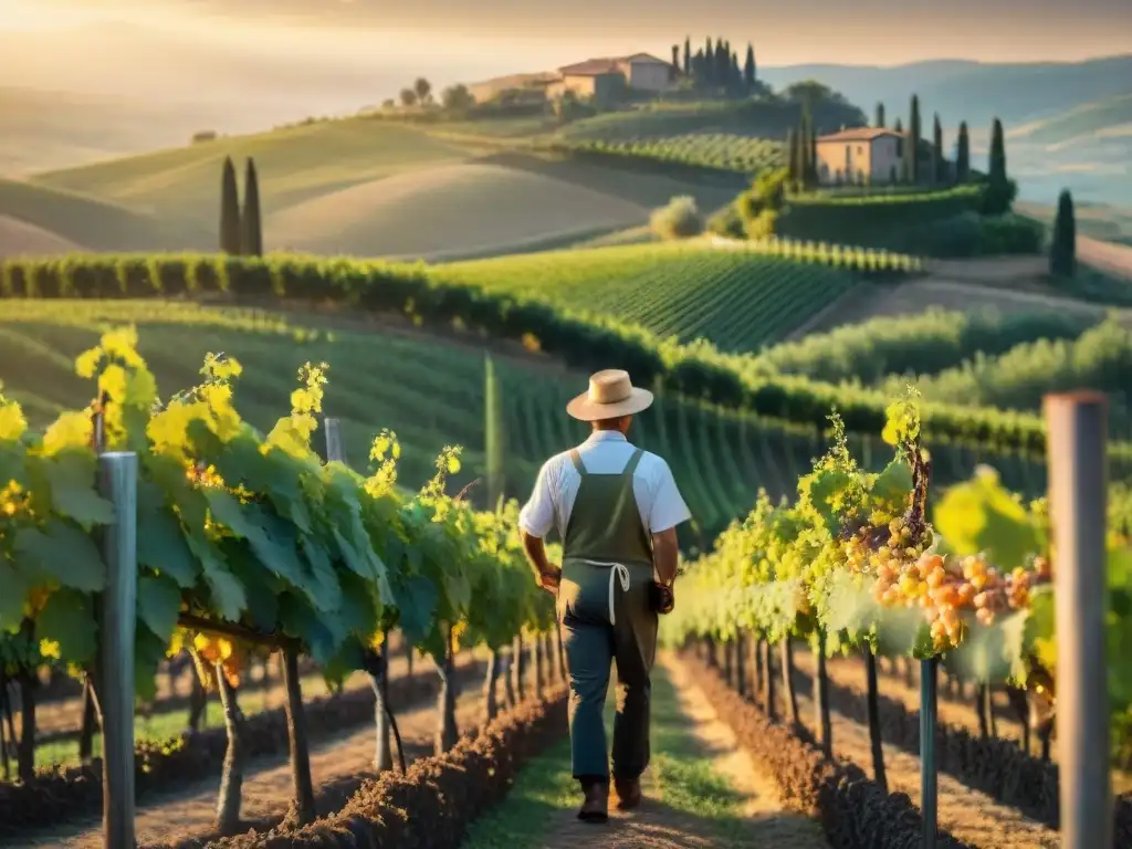 Un viñedo familiar en la Toscana al atardecer, con un viticultor italiano inspeccionando uvas Sangiovese