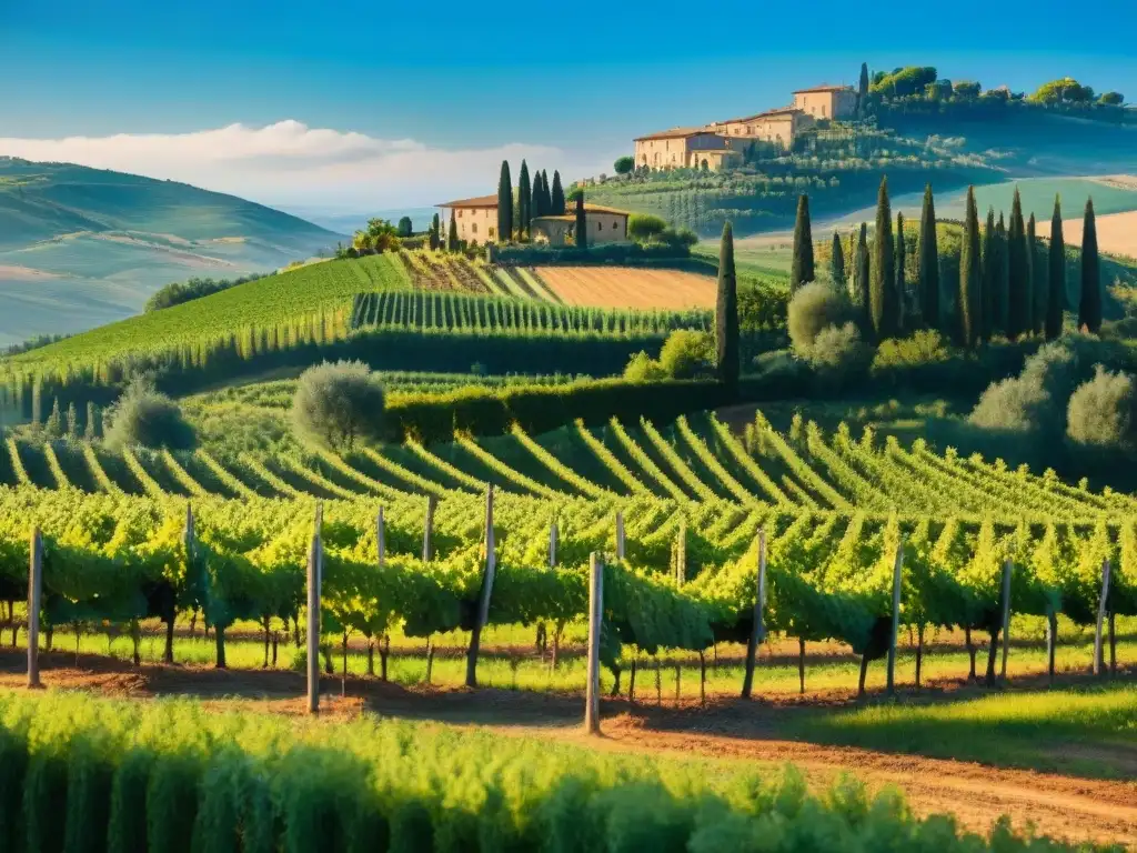 Viñedo idílico en colinas de la Toscana, Italia, con uvas maduras bajo el sol mediterráneo