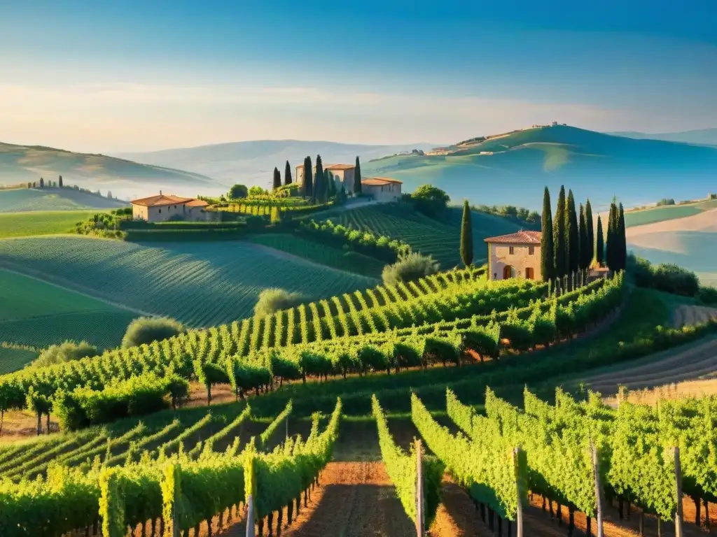 Viñedo idílico en Toscana, Italia, con uvas verdes bajo un cielo azul