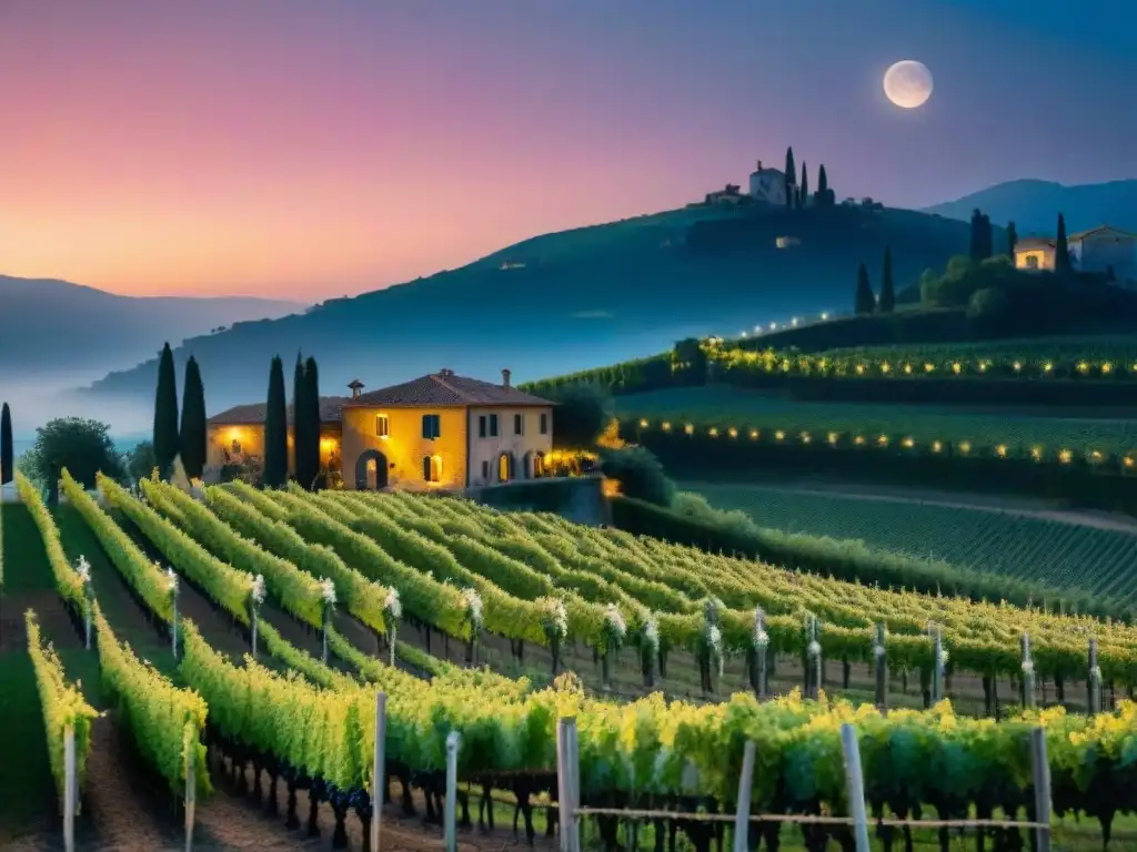 Un viñedo iluminado por la luna en un evento vinícola nocturno en Italia