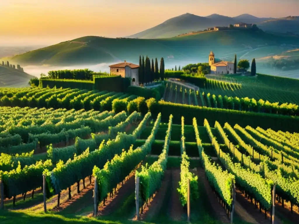 Un viñedo italiano ancestral al atardecer, con viticultores en trajes tradicionales cuidando las vides