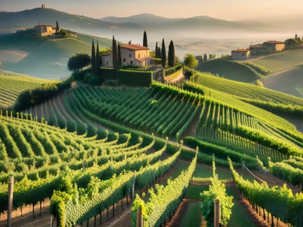 Viñedo italiano ancestral al amanecer en Toscana, evocando evolución y conservación de vinos Italia