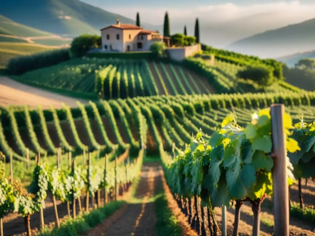 Viñedo italiano ancestral al amanecer: rocío en vides Viñedo italiano ancestral al amanecer, rocío en las vides con colinas iluminadas