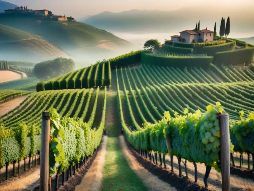 Un viñedo italiano antiguo al amanecer con uvas Sangiovese maduras, un viticultor inspeccionando la fruta y una neblina envolviendo el paisaje