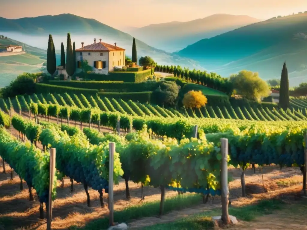 Un viñedo italiano antiguo con uvas maduras bañadas por la luz dorada, junto a una villa de piedra y cipreses