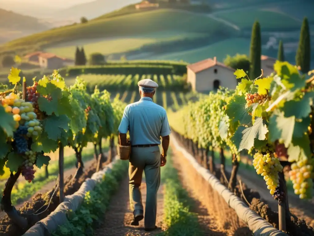 Un viñedo italiano al atardecer, con agricultores cosechando uvas