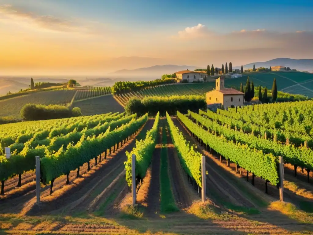 Viñedo italiano al atardecer con agricultores y cesta rebosante de uvas