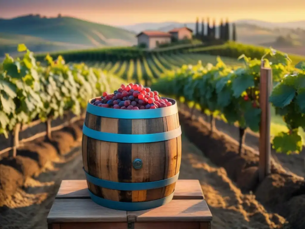 Viñedo italiano al atardecer con barril de vino y uvas rojas, evocando maridajes innovadores vinos italianos