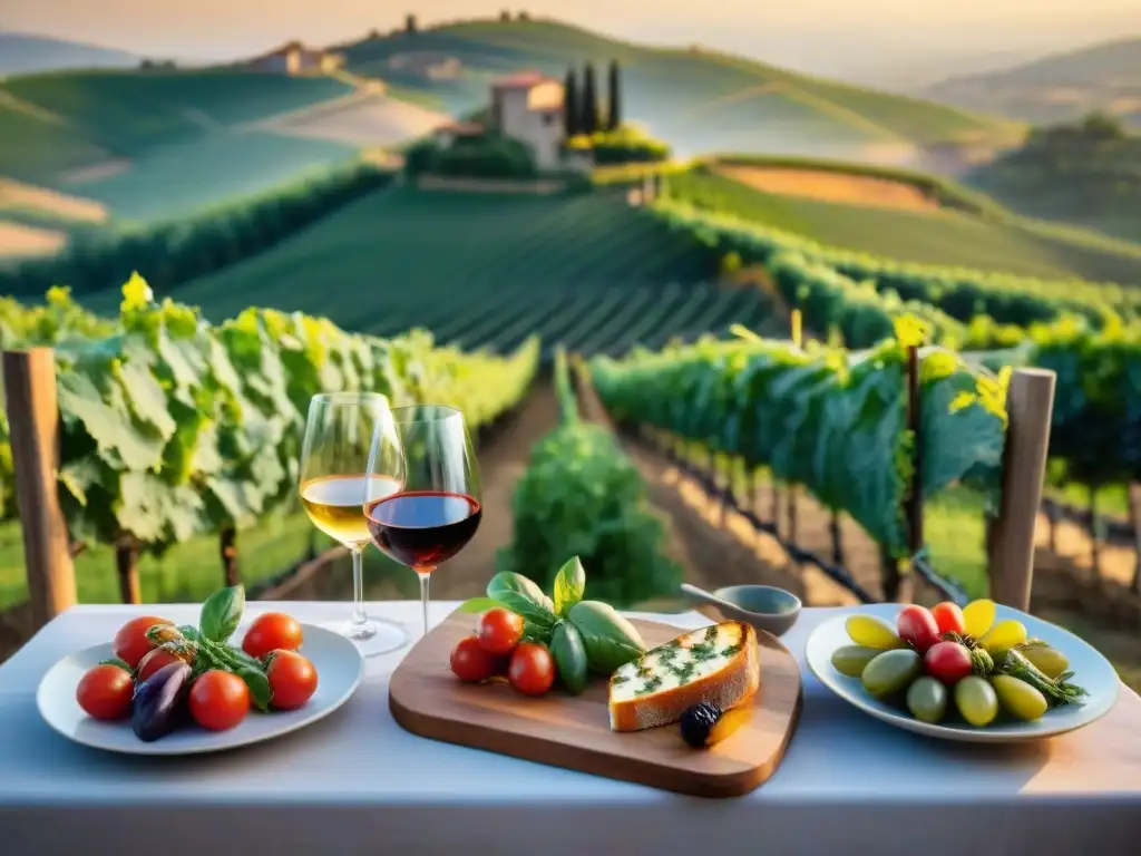 Un viñedo italiano al atardecer con comida vegetariana, ideal para maridajes vinos italianos comida vegetariana