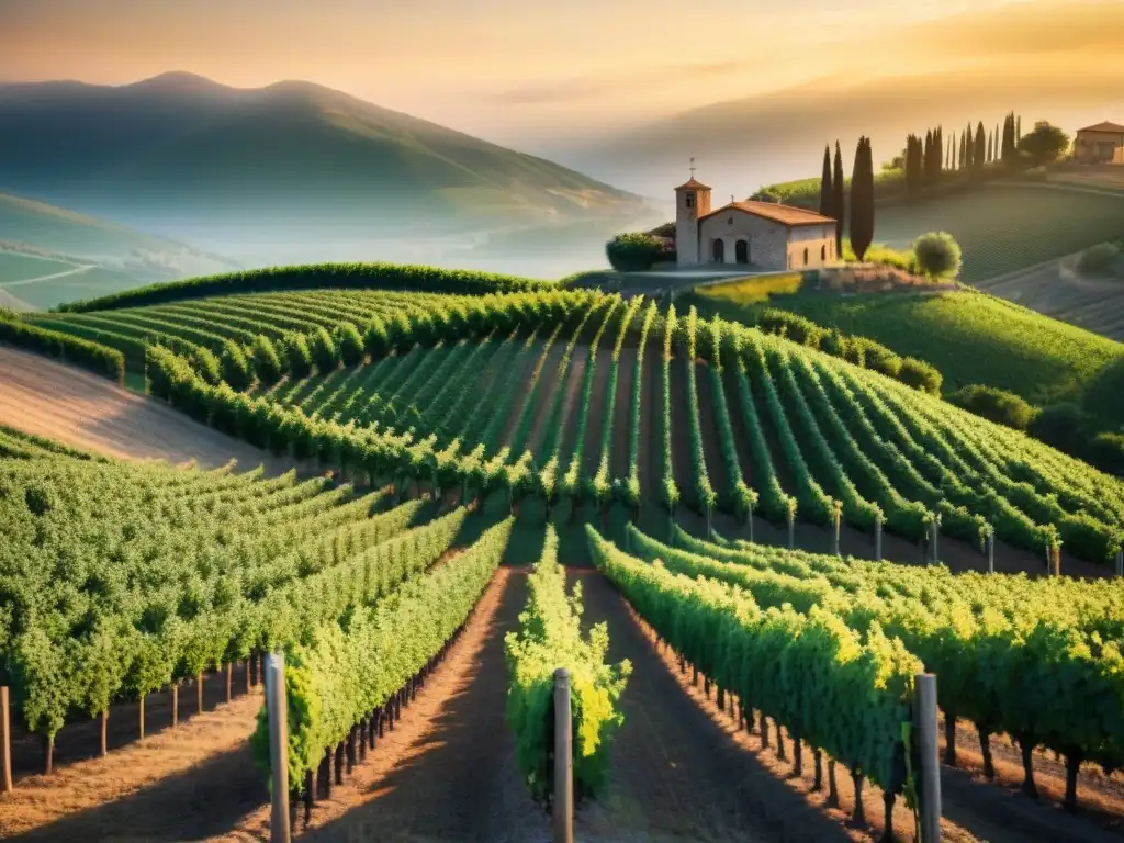 Un viñedo italiano al atardecer, con filas de uvas cultivadas bajo la cálida luz dorada