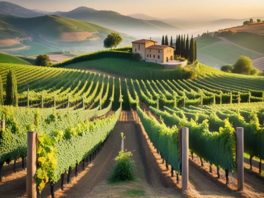 Viñedo italiano al atardecer con filas de uvas, bodega rústica y luz dorada