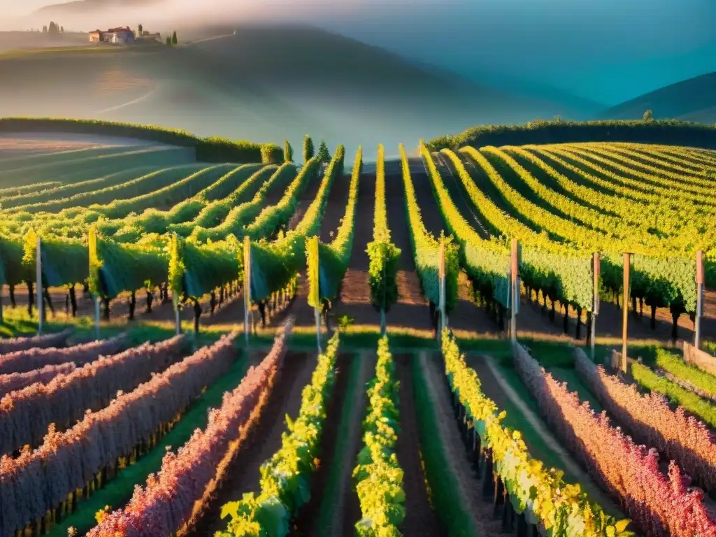 Viñedo italiano al atardecer, con hileras de viñedos bajo un cielo anaranjado