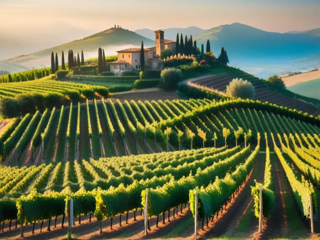 Viñedo italiano al atardecer: influencia hierbas especias vinos italianos, ambiente tradicional y cálido