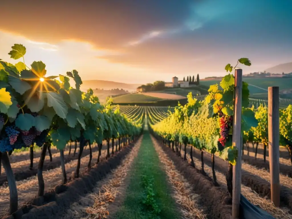 Viñedo italiano al atardecer, con patrones de viñas, uvas maduras y luz dorada